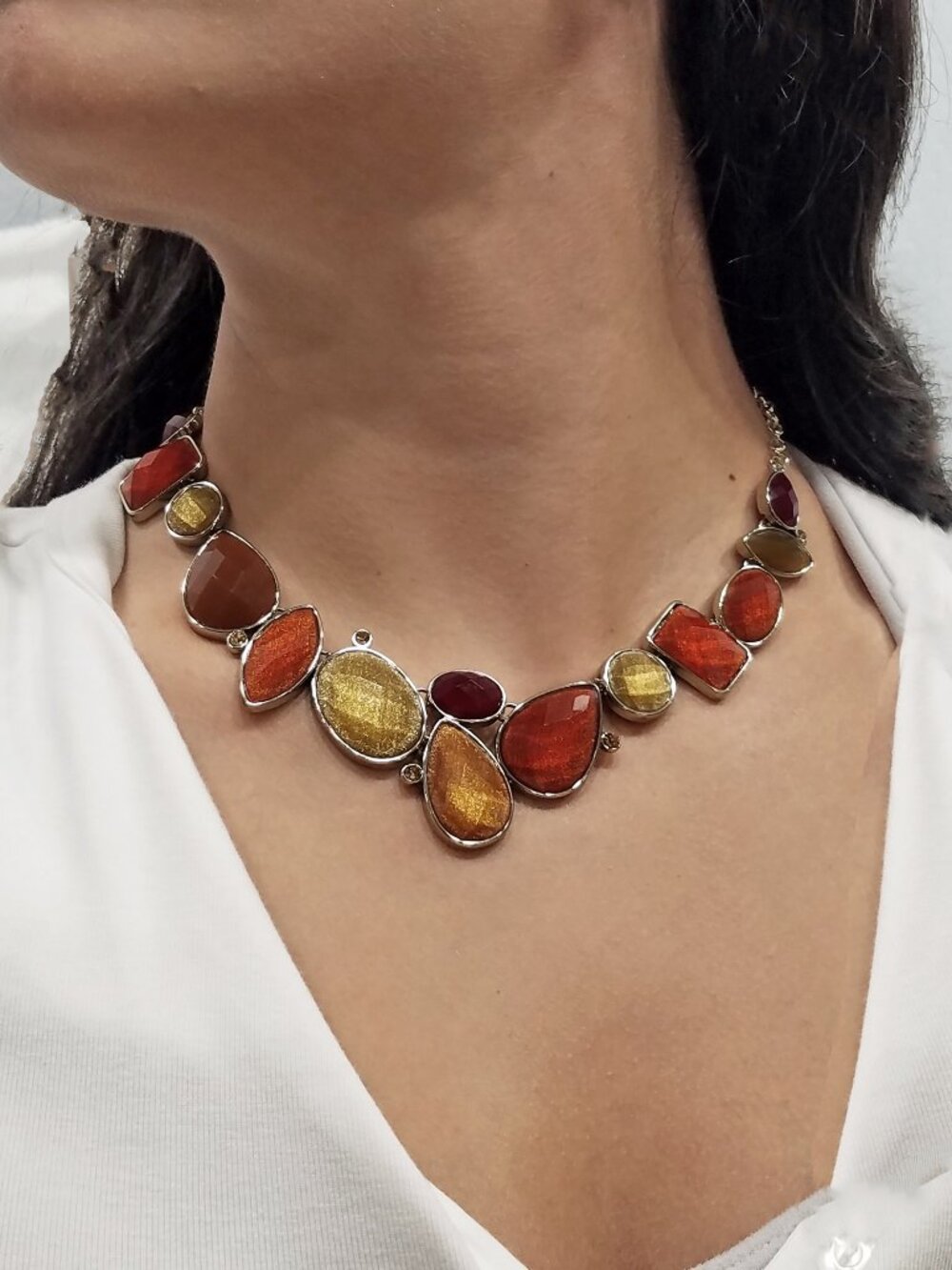 Signed Premier Designs Auburn Russet & Yellow Glitterstone Bib Choker Necklace